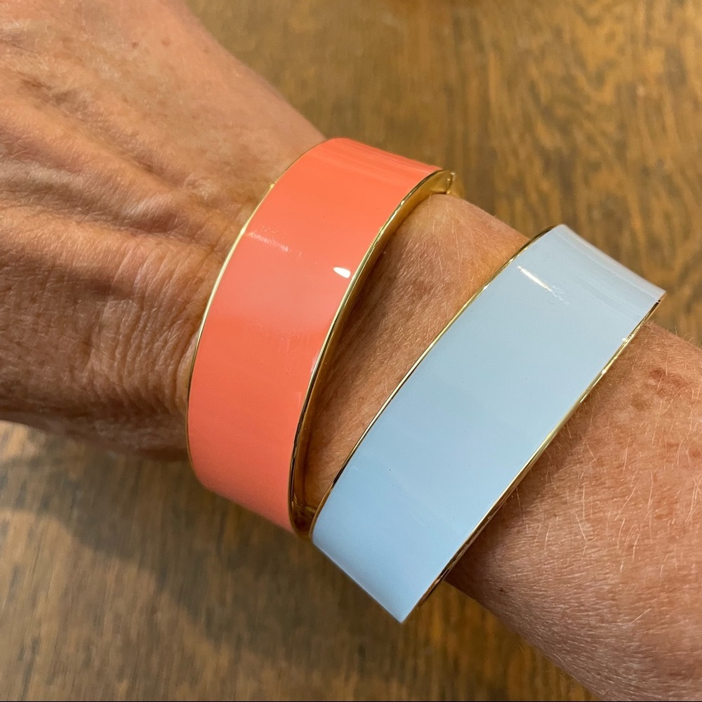 J Crew Wide Hinged Clamp Bracelet Bangle Gold Pastel Blue Coral Bundle